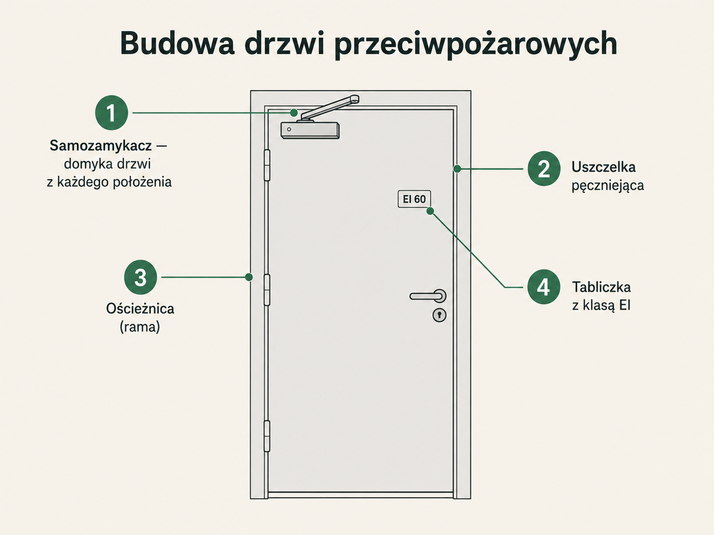 Budowa drzwi przeciwpożarowych: samozamykacz u góry, uszczelka pęczniejąca na krawędzi skrzydła, ościeżnica oraz tabliczka znamionowa z klasą EI 60.