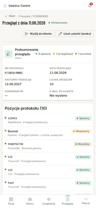 Protokół przeglądu w aplikacji Gaśnica·Control